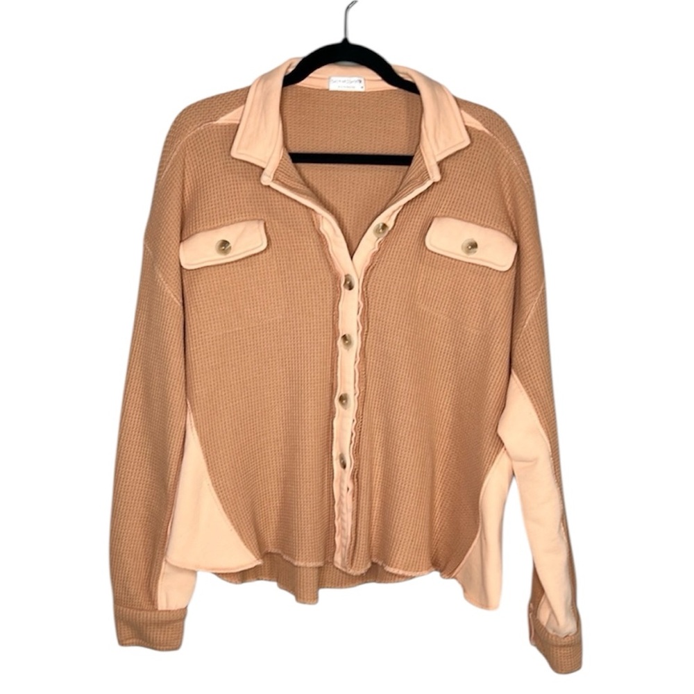 Oversized mixed material waffle button down shacket top size Medium